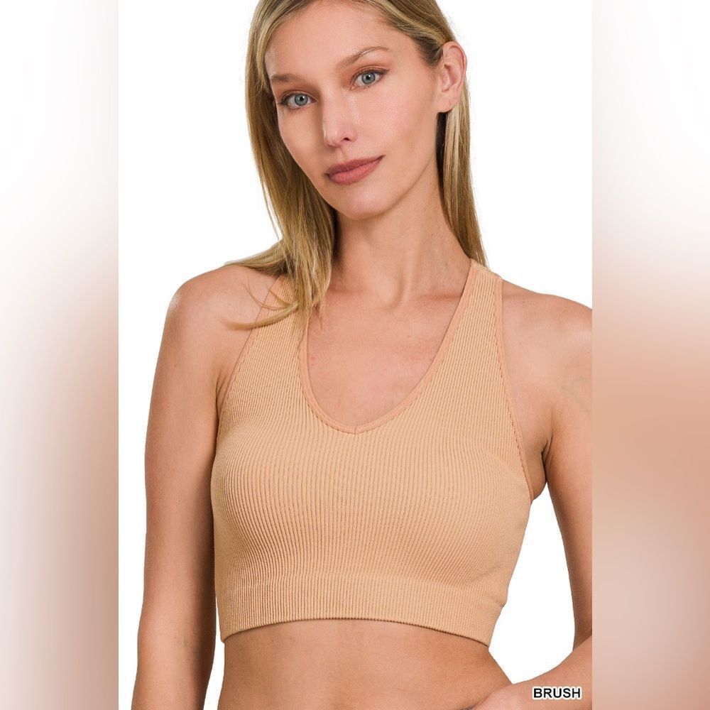 Zenana Outfitters Beige Ribbed Crop Top Brush